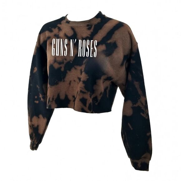 GUNS N' ROSES Acid Wash Distressed Rock Crop Top Long Sleeve Crewneck Sweatshirt - Picture 3 of 5
